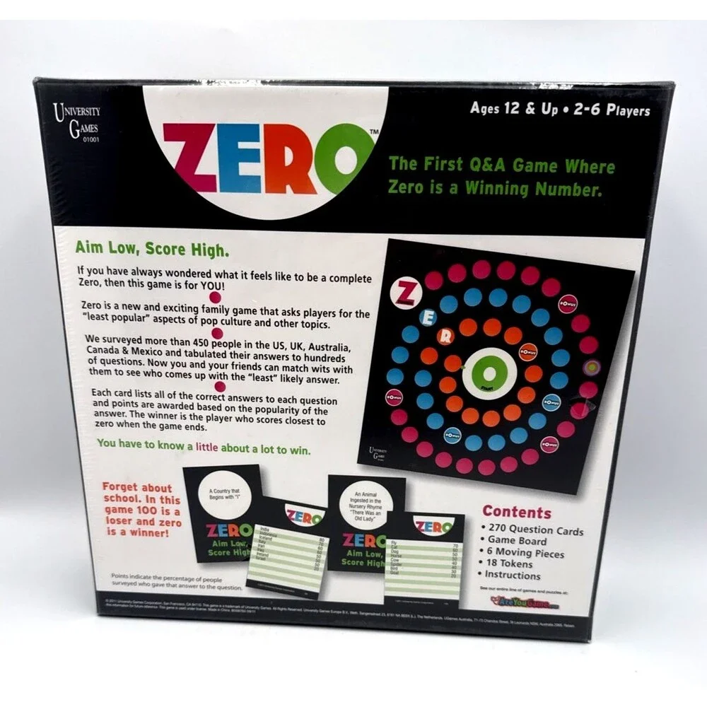 Zero - Fun New Question and Answer Board Game w/Tokens and Moving Pieces NIB